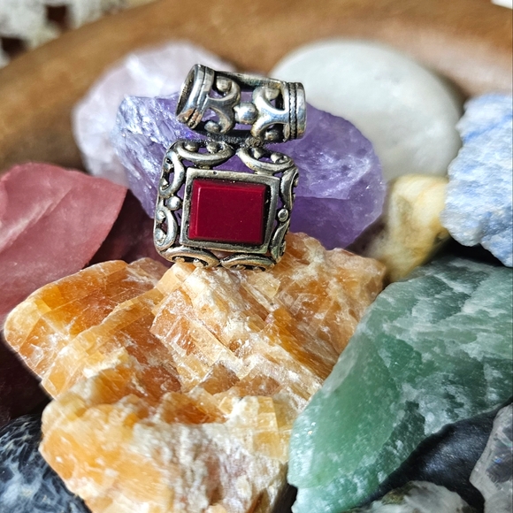 Stamped Sterling Silver 925 Red Coral Stone Open Scrollwork Cutout Slide Pendant - Picture 5 of 12